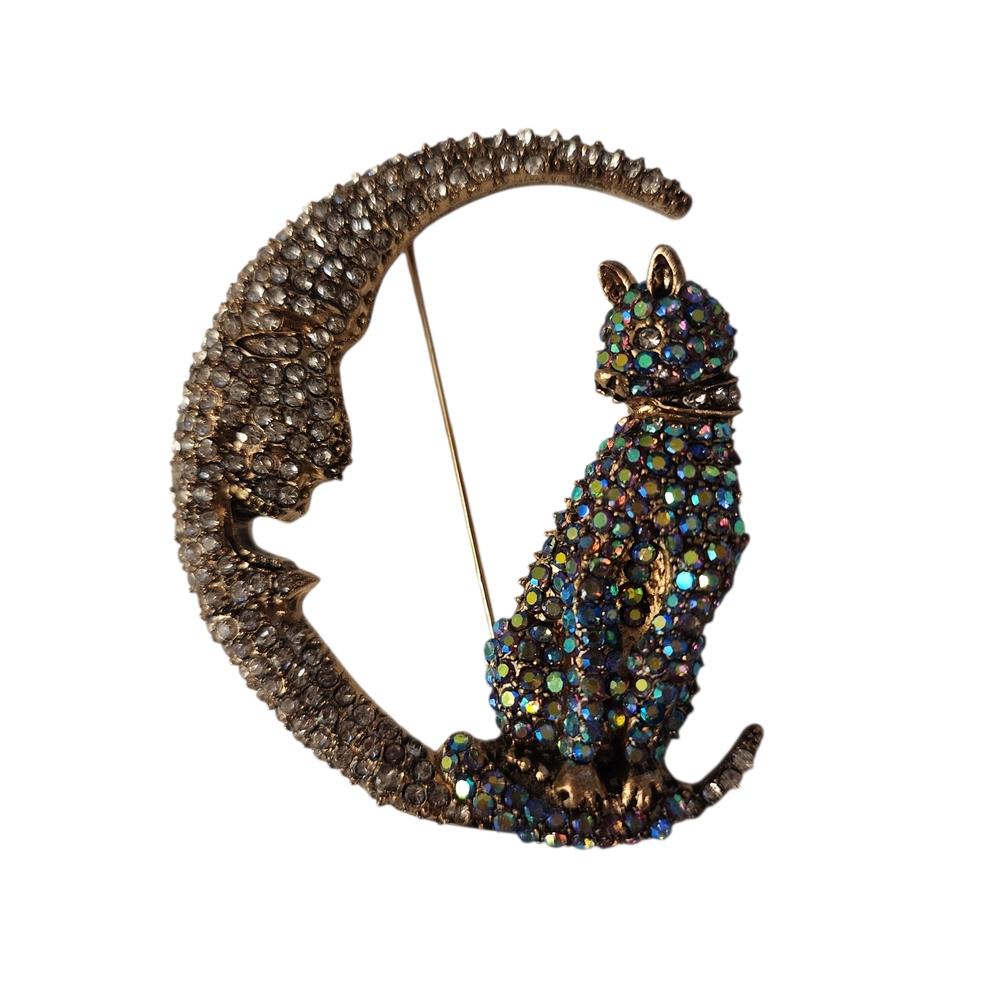 Cat & Moon Rhinestone Crystal Iridescent Brooch Pin